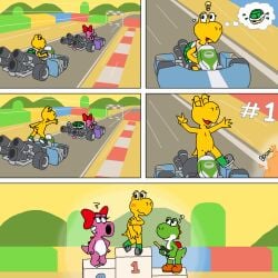 1:1 2026 5_panel_comic absurd_res accident accidental_exposure alcohol aliasing ambiguous_gender angry anthro arm_outstretched ass back_spikes bandage bandage_on_face belly beverage biped birdo birdo_(character) blush blush_lines bodily_fluids boom boots boots_only bow_ribbon celebrating champagne champagne_bottle claws closed_eyes clothed clothing comic confusion countershading covering covering_chest covering_crotch covering_self detailed_background determined diamond_ring digital_media_(artwork) driving driving_kart embarrassed english_text explosion exposed eyelashes fan_character featureless_chest featureless_crotch female finish_line first_place flat_chested footwear footwear_only freckles frown genitals gesture green_body green_boots green_clothing green_footwear green_shell group half-closed_eyes hand_gesture hand_on_hip happy head_spikes hi_res hill holding_object idea idea_bulb jumping kart khloe_koopa koopa koopa_shell koopa_troopa looking_aside looking_at_another mario_(series) mario_kart mostly_nude narrowed_eyes nervous nervous_smile nintendo nude open_mouth open_smile orange_boots orange_clothing orange_footwear outside pictographics pink_body pixel_vibri plant podium public public_exposure pussy_peek question_mark race_track raised_leg rear_view red_bow red_spikes ring_(jewelry) road scalie semi-anthro shell shoes shoes_only short_tail smile solo_focus speed_lines spikes spikes_(anatomy) spotlight steel-toe_boots sweat sweatdrop sweater tail text thinking thought_bubble thoughtful_expression three-quarter_view throwing throwing_object throwing_weapon toe_claws tongue tongue_out toony topwear tree trio turtle_shell turtleneck undressing v_sign vehicle vulva white_belly white_body white_countershading worried_look yellow_body yoshi yoshi_(character)