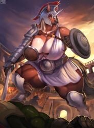 anthro armor big_breasts blonde_hair breasts cleavage clothed clothing equid equine female gladiator group hair headgear helmet huge_breasts huge_hips huge_thighs mammal melee_weapon muscular muscular_anthro muscular_female ocaritna sash shield side_boob solo_focus thick_thighs unconvincing_armor under_boob warrior weapon wide_hips