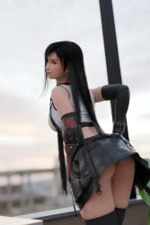3d ass_focus bahamut0 balcony black_hair blender blurry_background earring female final_fantasy_vii final_fantasy_vii_remake gloves hand_on_ass handwear leaning_forward looking_back pose red_eyes seductive_pose skirt skirt_lift smile tifa_lockhart white_shirt
