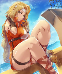 1girls absurdres armor ass bare_shoulders beach belt blonde_hair blush breasts brigid_(fire_emblem) brown_gloves dress female female_only fingerless_gloves fire_emblem fire_emblem:_genealogy_of_the_holy_war gladiator_sandals gloves green_eyes hand_in_hair headband highres hip_focus long_hair looking_at_viewer low-tied_long_hair muneate nintendo ocean ponytail sajittari sand sandals ship short_dress signature sitting sky sleeveless sleeveless_dress solo solo_female thick_thighs thigh_strap thighs very_long_hair watercraft white_headband