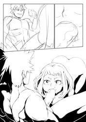 ass black_and_white blowjob buttplug comic completely_nude deaf_(artist) fellatio female katsuki_bakugou line_art male muscles muscular muscular_male my_hero_academia nude nude_female nude_male ochako_uraraka penis saliva sex sex_toy