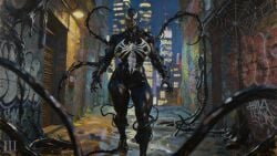 1girls abs ai_assisted ai_generated alley big_breasts black_skin breasts city_background corruption female highres huge_breasts large_breasts marvel marvel_comics muscular_female night nipples nude_female patreon sharp_fingernails sharp_teeth she-venom symbiote tendrils thick_thighs thighs tripleize venom_(marvel) wallpaper watermark white_eyes