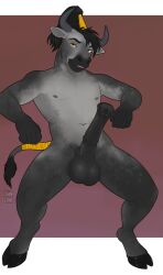 absurd_res accessory animal_genitalia animal_penis anthro balls bedroom_eyes black_balls black_penis bovid bovine dappled_fur equine_genitalia equine_penis fur genitals grey_body grey_fur hair_accessory hi_res hooves horn leaning leaning_backward male mammal narrowed_eyes orange_eyes penis seductive smile smiling_at_viewer solo sunliine tail tail_coil