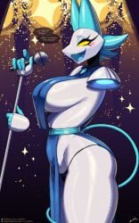 anthro ass breasts cat_ears cat_tail catgirl deltarune deltarune_chapter_2 dialogue dialogue_bubble dress feline female_only furry furry_female hi_res lyorenth-the-dragon semi_nude singing tasque_manager_(deltarune)