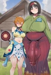 2girls ai_generated asymmetrical_hair bare_shoulders black_hair blue_eyes blue_sky blush bodily_fluids breasts bright_pupils closed_mouth clothing cloud crop_top day earrings erection erika_(pokemon) fat female fertilization flaccid futa_with_female futanari genital_fluids grass green_kimono hairband hakama hakama_skirt hand_on_another's_head hand_on_head headwear huge_breasts huge_cock huge_testicles impregnation intersex intersex_with_female jewelry kasumi_(pokemon) kimono large_breasts large_penis long_skirt long_sleeves looking_at_viewer midriff misty_(sygna_suit)_(pokemon) multiple_girls navel orange_hair outdoors overweight ovum penis poke_ball_print poke_ball_theme pokemon pokemon_character ponytail precum red_hairband robe short_hair side_ponytail skirt sky smile sperm_cell standing testicles thick_thighs thighs tied_hair traditional_clothes veins veiny_penis wafuku white_pupils
