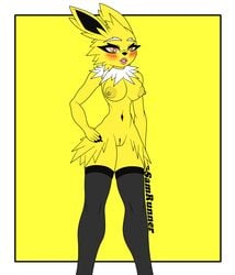 breasts clothing eeveelution eeveelutions female humanoid jolteon lingerie nintendo nipples nude nude_female pokémon_(species) pokemon presenting pussy samrunner school schoolgirl small_waist solo solo_female solo_focus spread_legs teacher thighhighs thighs video_games