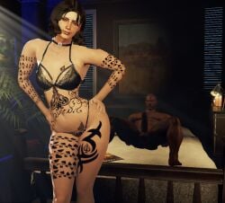 1boy bald bed big_penis blacked brown_hair choker dark-skinned_male erection fallout_4 female light-skinned_female lingerie lingerie_bra lingerie_panties looking_at_viewer medium_hair nude penis piper_wright pose pubic_tattoo qos qos_tattoo queen_of_spades queen_of_spades_symbol room smile tattoo thighs