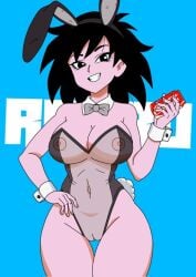breasts bunny_ears bunnysuit dragon_ball dragon_ball_super dragon_ball_z gine pussy ranru soda soda_can solo transparent_clothing vagina
