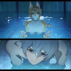 1boy 1girls 2025 2d 2d_(artwork) big_breasts breasts cleavage female female_anthro furry huge_breasts human_male i'll_teach_you_everything_(chainsaw_man) janjin192 kambo male male_human/female_anthro mihoyo pool pulchra_fellini reze_in_the_pool_(meme) thick_thighs wide_hips wise_(zenless_zone_zero) zenless_zone_zero