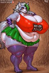 ai_art ai_generated anthro bbw big_ass big_breasts big_thighs chubby chubby_female clothing fat_ass fat_female five_nights_at_freddy's:_security_breach fnaf hot huge_nipples microskirt milf overweight_female purple_fur purple_hair roxanne_wolf_(fnaf) sexy sexy_pose smile smiling solo solo_female tank_top