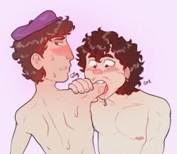 2boys 2male amputated amputated_arm amputee beret blue_eyes blush blushing_male brown_hair buck_teeth cheek_bulge digital_drawing_(artwork) digital_media_(artwork) disabled disabled_male down_syndrome down_syndrome_man ducky_the_dullard dumb dumb_male earring earring_only earrings earrings_only english english_text facial_hair gay gold_(metal) gold_jewelry green_eyes hoop_ear_ring human idiot innocence innocent innocent_expression intellectual_disability learning_disability male male/male male_focus male_only mental_disability mentally_deficient milan_morgenstern mr_shrink muscular muscular_male naked nervous nervous_sweat no_penetration one_earring onomatopoeia original original_character original_characters pale_skin purple_beret saliva saliva_drip saliva_trail short_hair single_earring stump stump_play stump_sex sucking_stump suggestive suggestive_gesture sweating tongue tongue_out tongue_wrap too_dumb_to_live uncomfortable unsure