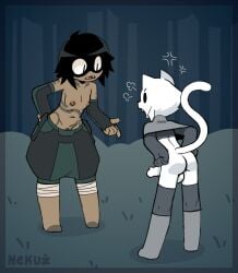 anthro arm_warmers armwear barely_visible_genitalia barely_visible_vulva bottomless clothed clothing domestic_cat duo fangs felid feline felis female fingerless_gloves fur genitals gloves handwear human male mammal nekuzx neve_(nekuzx) neve_the_half-beast nipples penis simple_eyes tana_the_human tattoo teeth topless vulva white_body white_fur