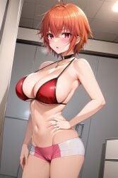 1girl :o ahoge ai-created ai_generated ane_to_osananajimi_wa_naka_ga_ii! bare_arms bare_shoulders bikini bikini_top_only black_choker blush boyshort_panties boyshorts breasts breath cameltoe choker cleavage collarbone cowboy_shot crossed_bangs ear_piercing earrings female groin hair_between_eyes halterneck hand_on_own_hip indoors jewelry large_breasts looking_at_viewer micro_shorts navel necklace open_mouth orange_hair parted_lips piercing pink_shorts pixiv red_bikini red_eyes rena_aikawa_(pixiv_user) ring short_hair short_shorts shorts sideboob skindentation solo stable_diffusion standing stomach strap_gap string_bikini sweat swimsuit takahashi_mitsuki thighs underboob wet white_shorts