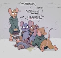 accessory all_fours anthro anus ass blood blush bodily_fluids bucket buckteeth clothed clothing container crying death_piss dialogue digital_media_(artwork) digitigrade disembowelment dying english_text feet female female/female fingers flower flower_in_hair foot_fetish foot_lick foot_play forced fur genital_fluids genitals gore group guts hair hair_accessory hi_res holding_bucket holding_container holding_knife holding_object intestines killing knife laceration leaking licking mammal mouse multi_nipple murid murine nipples nude open_mouth organs plant pussy_juice_leaking rodent saliva saliva_on_foot saliva_string slowderpyguy smile snuff speech_bubble spread_legs spreading standing tail tears teeth text toes tongue tongue_out vaginal_fluid_string vaginal_fluids vaginal_fluids_on_vulva voyeur vulva