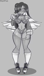 1girls blush clothed clothing clothing_aside commission grayscale lifting_shirt magnie_(condylonucla) mujaxfuja pulling_down_pants reluctant showing_off shy tagme