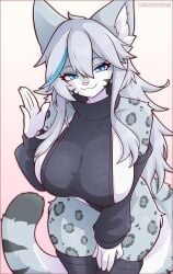 bedroom_eyes big_breasts big_thighs blue_eyes breasts cleavage female fur furry furry_breasts furry_ears furry_female furry_only furry_tail huge_breasts leapord no_consent_needed no_visible_genitalia nonsexual plain_background smiling_at_viewer sweater tagme thick_thighs thigh_highs white_hair wide_hips yorusagi