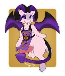 anthro apron apron_lift back_wings balls blue_eyes clothed clothing clothing_lift erection feral flashing flashing_penis floating furry generation_1_pokemon genitals gynomorph halloween hi_res holidays intersex jack-o'-lantern kerilyn legendary_pokemon looking_at_viewer mew_(pokemon) nintendo one_eye_closed penis pokemon pokemon_(species) purple_mascara solo spade_tail spread_wings succubus tail tapering_penis vulva wings wink winking_at_viewer