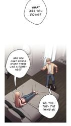 1boy big_breasts blonde_hair dialogue female flashing_breasts half-dressed hotel_room nervous_male sdbigpie secret_comics tagme talking_to_partner vertical_video video voice_acted