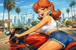 1girls ai_generated ass big_butt butt city daisy_dukes denim_shorts mario_(series) motorcycle nintendo princess_daisy sexy smile tan_skin tank_top