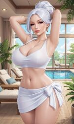 1girls ai_generated armpits arms_behind_head cleavage crop_top curtains female hair_strand hoop_earrings indoor_pool lounge_chair medium_breasts midriff potted_plant resort rgomez007 sarong seductive_smile side-tie_clothing solo_female stable_diffusion standing swimming_pool swimsuit thick_lips thick_thighs updo white_hair wide_hips