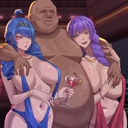 ahoge arapanchi background blue_hair brainwashing cocktail cocktail_dress drill_hair erika_blumenthal fat_bastard golden_necklace groping groping_breasts hair_ornament huge_breasts jewelry kodou-sama_(cownon) long_hair mage magical_girl massive_breasts medium_breasts mind_control original_character original_characters prostitute prostitution ring smile trophy_wife ugly_bastard whore_eyes wife