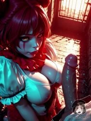 1boy ai_generated ai_video alberist bursting_breasts close_up clown clown_girl clown_makeup cum cum_in_mouth deepthroat dramatic_lighting extreme_close-up facepaint fellatio female frilled_collar frills hair_buns large_breasts large_penis looking_at_viewer oral oral_sex pennywise pennywise_(cosplay) puffy_sleeves red_hair rule_63 short_sleeves tagme thick_lips video yellow_eyes zoom_in