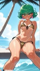 ahoge ai_generated animal_print arm_support ass_visible_through_thighs bare_shoulders beach bikini blue_sky blush breasts cloud collarbone curly_hair day earrings female front-tie_top green_eyes green_hair grin hair_between_eyes jewelry leopard_print looking_at_viewer medium_breasts navel ocean one-punch_man outdoors palm_tree patreon_logo patreon_username print_bikini short_hair side-tie_bikini_bottom sitting sky small_breasts smile solo stomach string_bikini sweat swimsuit tatsumaki thighs tree water wet wienergens