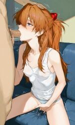 1boy ai_generated asuka_langley_sohryu blowjob covered_nipples deepthroat female fingering fingering_self masturbating neon_genesis_evangelion penis pussy red red_hair tank_top wet_pussy white_shirt