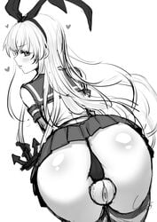 anchor_hair_ornament artificial_vagina ass between_legs bow female floating_heart gloves greyscale hair_ornament hairbow heart kantai_collection long_hair looking_back monochrome partially_visible_anus sex_toy shimakaze_(kantai_collection) signature skirt striped striped_legwear thighhighs thong yapo_(croquis_side)