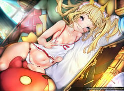 bed blonde_hair blush cagliostro_(granblue_fantasy) candle female ferinosaki flashing granblue_fantasy grey_eyes looking_at_viewer lying lying_on_side one_breast_out pajamas patreon small_breasts solo stuffed_animal thick_thighs white_panties window