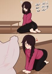 ass ass_focus blush bulge bulge_through_clothing chainsaw_man color colored comic comic_page comic_panel comic_strip covered_eyes covered_penis feet feet_fetish heart nayuta_(chainsaw_man) simple_background snowwwy_(artist) speech text