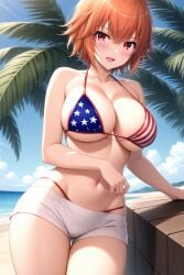 1girl :d ahoge ai-created ai_generated american_flag_bikini ane_to_osananajimi_wa_naka_ga_ii! bare_arms bare_shoulders beach bikini bikini_shorts blue_sky blush breasts cleavage cloud collarbone cowboy_shot crossed_bangs day female flag_print hair_between_eyes large_breasts looking_at_viewer micro_shorts navel no_shirt ocean open_mouth orange_hair outdoors palm_tree pixiv red_eyes rena_aikawa_(pixiv_user) short_hair short_shorts shorts skindentation sky smile solo stable_diffusion standing stomach string_bikini swimsuit takahashi_mitsuki thigh_gap thighs tree white_shorts