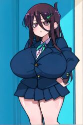 ai_generated annoyed dark_hair female huge_breasts long_hair nozomi_(akitokage01) school_uniform schoolgirl tsundere