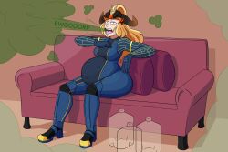 bel_(beltorchika12) belch belching belly_bulge beltorchika12 bloated blonde_female blonde_hair blue_bodysuit blue_eyes bodysuit bottom_heavy burping cola comic couch empty_bottle female female_focus female_only full_belly gold_trim growth_sequence indoors milk oc pony_tail simple_background zenthicks