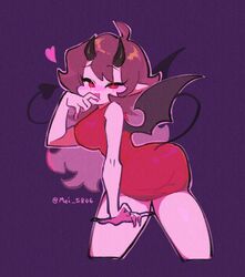 2021 2d ass background breasts brown_hair demon_form demon_girl demon_horns demon_tail demon_wings ear eyelashes friday_night_funkin game girlfriend_(friday_night_funkin) heart horns legs long_hair looking_at_viewer mei_5806 open_mouth purple_background red_dress red_eyes sharp_nails simple_background smile smiling tail thighs video_games white_body white_skin wings