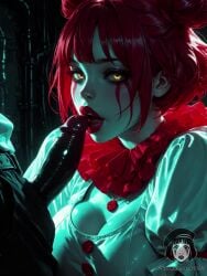 1boy ai_generated ai_video alberist bursting_breasts close_up clown clown_girl clown_makeup cum cum_in_mouth deepthroat dramatic_lighting extreme_close-up facepaint fellatio female frilled_collar frills hair_buns large_breasts large_penis looking_at_viewer oral oral_sex pennywise pennywise_(cosplay) puffy_sleeves red_hair rule_63 short_sleeves tagme thick_lips video yellow_eyes zoom_in