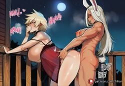 2girls ai_generated animal_ears ass babydoll bakugou_mitsuki black_choker blonde_hair blush boku_no_hero_academia breasts choker covering_mouth dark-skinned_female dark_skin english_text from_side full_moon futa_with_female futanari hand_over_own_mouth implied_futanari large_breasts lingerie long_hair mature_female mirko mitsuki_bakugou moon multiple_girls muscular muscular_female my_hero_academia negligee night night_sky nightgown nipples nude outdoors rabbit_ears rabbit_girl rabbit_tail railing red_eyes rumi_usagiyama see-through sex sex_from_behind short_hair sky smile standing standing_sex star_\\\\(sky\\\\) starry_sky tail thighs tillian toned usagiyama_rumi web_address white_hair