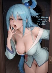 1girls accidental_exposure ai_assisted ai_generated aqua_(konosuba) aqua_hair blue_eyes blush cleavage collarbone covered_nipples doorway downblouse english_text female female_only hanging_breasts kono_subarashii_sekai_ni_shukufuku_wo! nipple_slip no_pants patreon_username penguih pijama ponytail pussy saliva saliva_on_face simple_background solo solo_female solo_focus very_long_hair yawning