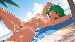 after_sex after_vaginal ahoge ai_generated armpits arms_behind_head beach bikini_tan blush breasts cloud completely_nude cum cum_in_pussy cum_on_body cum_on_breasts cum_on_stomach cumdrip curly_hair day earrings facial female female_pubic_hair green_eyes green_hair jewelry looking_at_viewer lying navel nipples nude ocean on_back one-punch_man outdoors palm_tree patreon_username pubic_hair pussy short_hair sky small_breasts smile solo tan tanlines tatsumaki towel tree uncensored wienergens