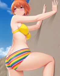 1girl against_wall ahoge ai-created ai_generated ane_to_osananajimi_wa_naka_ga_ii! ass bare_arms bare_shoulders bikini bikini_shorts bikini_top blue_sky blush boyshorts breasts butt_crack closed_mouth cloud day dimples_of_venus female hair_between_eyes large_breasts leg_up medium_breasts multicolored_bikini multicolored_clothes orange_hair outdoors pixiv rainbow_print red_eyes rena_aikawa_(pixiv_user) short_hair sideboob sky smile solo stable_diffusion standing standing_on_one_leg striped_bikini striped_clothes swimsuit takahashi_mitsuki thighs yellow_bikini