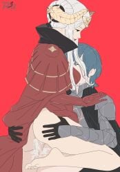 1boy 1girls anus anus_peek ass ass_grab bare_legs barefoot bottomless bottomless_female byleth_(fire_emblem) byleth_(fire_emblem)_(male) cowgirl_position crown cum cum_in_pussy cum_inside edelgard_von_hresvelg empress face_in_breasts female female_on_top fire_emblem fire_emblem:_three_houses r3dfive royalty smile straddling straddling_lap straight student teacher teacher_and_student teal_hair vaginal_penetration white_hair