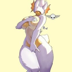 :3 anthro arthropod arthropod_abdomen big_breasts breasts covering covering_breasts covering_crotch covering_self curvy_figure democratic_bug female frill_(anatomy) helldivers horn hunter-chan_(arzyparzy) hunter_(helldivers) insects multicolored_body prxlol solo terminid thick_thighs two_tone_body voluptuous voluptuous_anthro voluptuous_female wide_hips