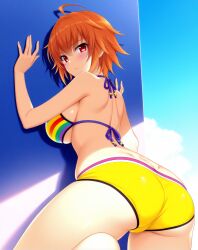 1girl against_wall ahoge ai-created ai_generated ane_to_osananajimi_wa_naka_ga_ii! ass back bare_shoulders barefoot bikini bikini_shorts bikini_top blush boyshorts breasts butt_crack closed_mouth cloud day dimples_of_venus female from_behind halterneck large_breasts looking_at_viewer looking_back orange_hair pixiv rainbow_print red_eyes rena_aikawa_(pixiv_user) short_hair sideboob sky solo stable_diffusion striped_bikini striped_clothes swimsuit takahashi_mitsuki yellow_bikini yellow_shorts