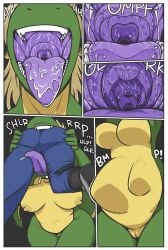 anthro ass big_breasts big_butt big_tail bodily_fluids breasts dragon duo facial_hair female genitals green_body hi_res human long_tongue male male/female mammal massage mythological_creature mythological_scalie mythology open_mouth saliva saliva_on_tongue saliva_string scalie shyguy9 sophie_(shyguy9) swallowing tail tall_female tongue tongue_out vore vulva