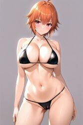 1girl ahoge ai-created ai_generated ane_to_osananajimi_wa_naka_ga_ii! arms_at_sides ass_visible_through_thighs bare_arms bare_shoulders bikini black_bikini blush breasts cameltoe cleavage closed_mouth collarbone contrapposto cowboy_shot crossed_bangs female grey_background hair_between_eyes halterneck large_breasts looking_at_viewer navel orange_hair pixiv red_eyes rena_aikawa_(pixiv_user) short_hair simple_background skindentation smile solo stable_diffusion standing stomach string_bikini swimsuit takahashi_mitsuki thighs underboob