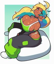 adnyc ahoge alone ass baggy_clothes baggy_clothing baggy_pants black_choker blonde_hair blue_eyes blue_hair booty breasts breasts_bigger_than_head breasts_squeezed_together butt_crack carol_(carro3dsculpts) choker choker_collar cleavage cleavage_overflow clothed clothes clothing dark-skinned_female dark_body dark_skin eyebrows eyelashes eyes female female_focus female_only female_solo huge_breasts large_breasts long_hair long_ponytail overboob panties ponytail seated shoes shoulders sideboob simple_background sitting sitting_down solo sports_bra sportswear tongue tongue_out two-tone_hair white_shoes woman_focus woman_only woman_solo