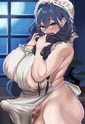 1futa big_breasts blush bonsai braided_hair breasts bulge bulge_through_clothing futa_only futanari holding_hair hololive hololive_english hololive_english_-council- huge_ass huge_breasts large_breasts large_penis looking_at_viewer maid maid_headdress moon mostly_nude muscleboii nervous night night_sky ouro_kronii ouro_kronii_(maid) penis precum precum_through_clothing room sideboob sweat virtual_youtuber white_apron
