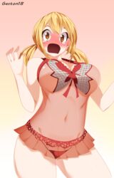 blonde_hair blush breasts brown_eyes crying embarrassed fairy_tail gaston18 hourglass_figure lingerie lucy_heartfilia navel open_mouth panties red_panties revealing_clothes shounen_jump tears thick_thighs thin_arms twintails wide_hips