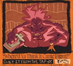 advertisement alcohol anthro barazoku beverage big_muscles big_pecs bodily_fluids dragon grin grinning_at_viewer hi_res lactating male male_lactation muscular mythological_creature mythological_scalie mythology parody pecs scalie smile smiling_at_viewer solo text wetyuip whiskey