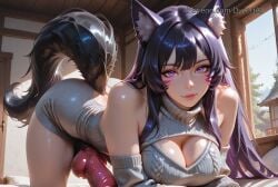 1futa 2026 ai_generated animal_ears animal_genitalia animal_penis balls bare_shoulders bare_thighs breasts bulge canine_genitalia canine_penis cleavage cleavage_cutout cock dark_hair day delta_(the_eminence_in_shadow) dyzertai futanari huge_breasts indoors knotted_penis long_hair looking_at_viewer penis purple_eyes purple_hair self_upload solo sweater testicles the_eminence_in_shadow virgin_killer_sweater wolf_ears wolf_girl wolf_tail